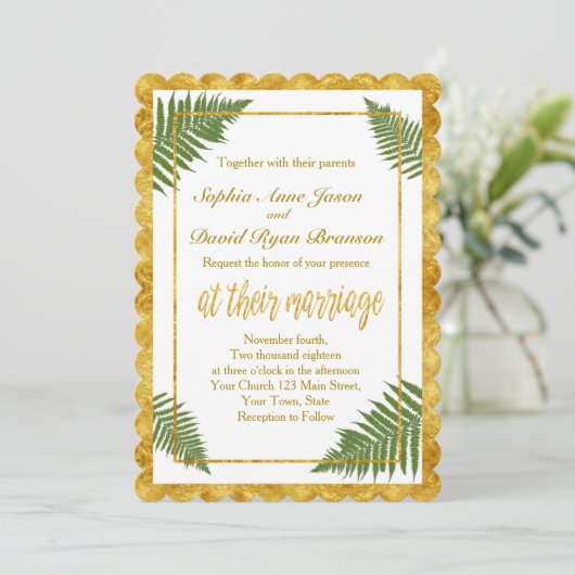 Chic Fern verlaat gouden folie bruiloft uitnodigin Kaart (Staand voorkant)