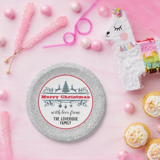 Chic & Festive Red Merry-kerstzilver Glitter Papieren Bordje (Feest)