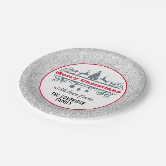 Chic & Festive Red Merry-kerstzilver Glitter Papieren Bordje (Gekanteld)