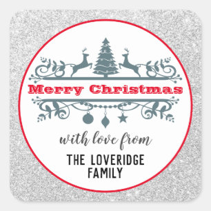 Chic & Festive Red Merry-kerstzilver Glitter Vierkante Sticker