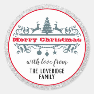 Chic & Festive Rode Prettig Kerstfeest Zilver Glit Ronde Sticker