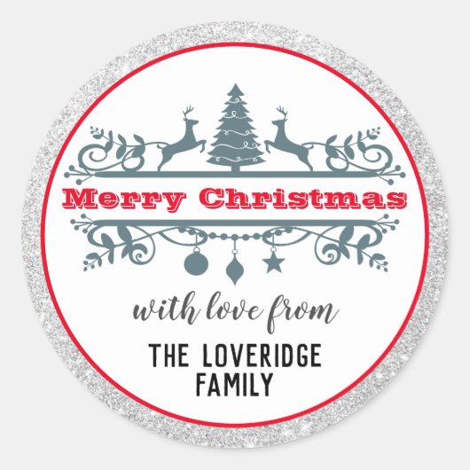 Chic & Festive Rode Prettig Kerstfeest Zilver Glit Ronde Sticker (Voorkant)
