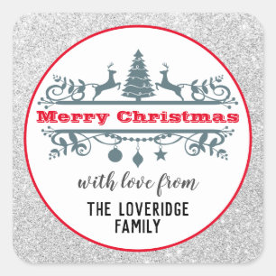 Chic & Festive Rode Prettig Kerstfeest Zilver Glit Vierkante Sticker