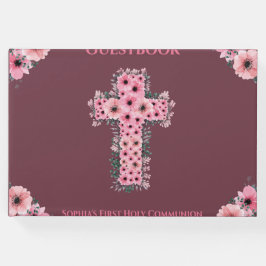 Chic First Heilige Commune Pink Flower Cross Girl Gastenboek
