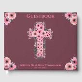 Chic First Heilige Commune Pink Flower Cross Girl Gastenboek (Voorkant)
