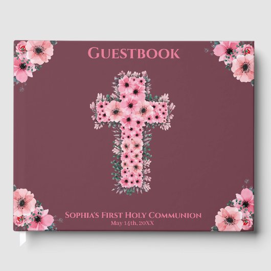 Chic First Heilige Commune Pink Flower Cross Girl Gastenboek (Voorkant)