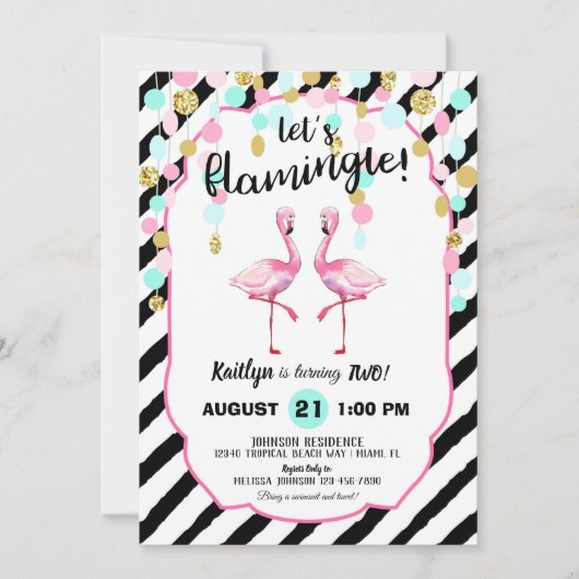 Chic Flamingo Stripe en Confetti Verjaardag Kaart (Voorkant)