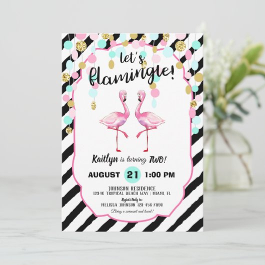 Chic Flamingo Stripe en Confetti Verjaardag Kaart (Staand voorkant)