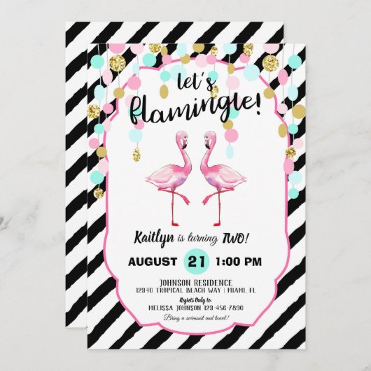 Chic Flamingo Stripe en Confetti Verjaardag Kaart (Voorkant / Achterkant)
