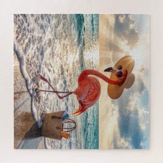 Chic Flamingo with Sun Hat and Sunglasses Legpuzzel (Horizontaal)