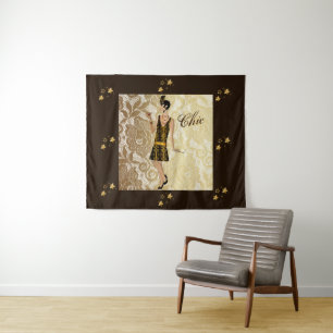 Chic Flapper Lady Gold Floral Lace en Brown Wandkleed