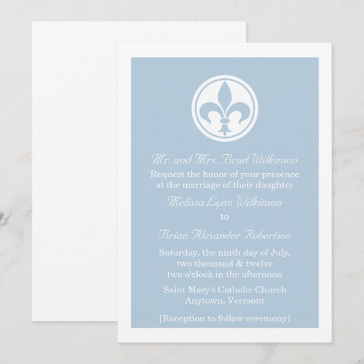 Chic Fleur De Lis Wedding Invite, blauw Kaart (Voorkant / Achterkant)