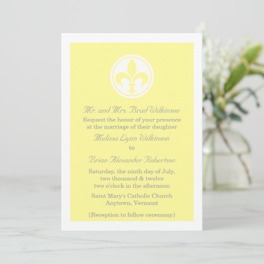Chic Fleur De Lis Wedding Invite, geel Kaart (Staand voorkant)