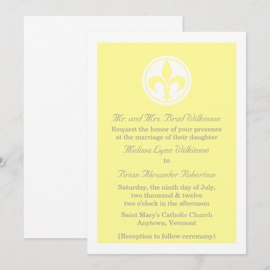 Chic Fleur De Lis Wedding Invite, geel Kaart (Voorkant / Achterkant)