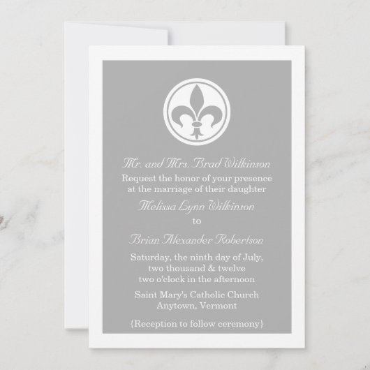 Chic Fleur De Lis Wedding Invite, grijs Kaart (Voorkant)