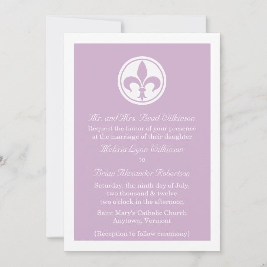 Chic Fleur De Lis Wedding Invite, Lila Kaart (Voorkant)