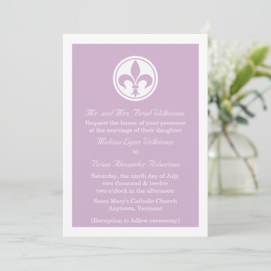Chic Fleur De Lis Wedding Invite, Lila Kaart (Staand voorkant)