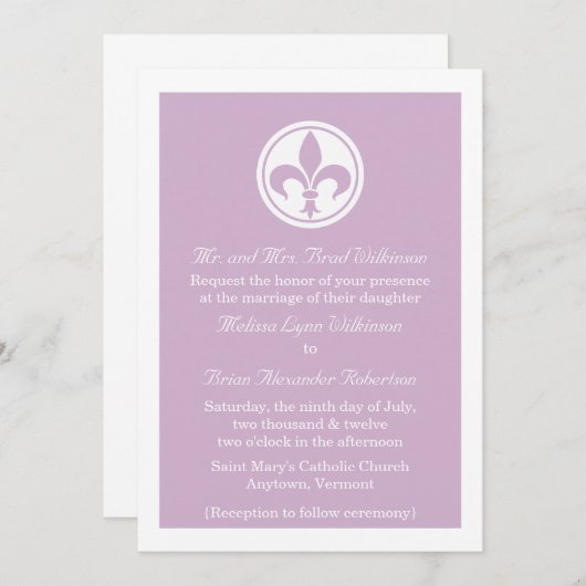 Chic Fleur De Lis Wedding Invite, Lila Kaart (Voorkant / Achterkant)
