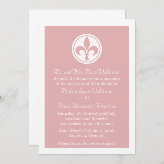 Chic Fleur De Lis Wedding Invite, Roze Kaart (Voorkant / Achterkant)