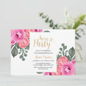 Chic Flora Dusty Pink Rose Gold Sweet 16 Party Kaart (Staand voorkant)