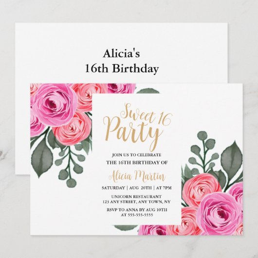 Chic Flora Dusty Pink Rose Gold Sweet 16 Party Kaart (Voorkant / Achterkant)
