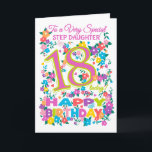 Chic Floral 18e verjaardag voor stiefdochter Kaart<br><div class="desc">Een zeer ,  bloemige 18e Verjaardag Kaart voor een 'Very Special Step Daughter',  met een Snoep Roze en Groen nummer 18 en het woord 'Step Daughter in Snoep Roze',  met clusters van felle bloemetjes en vlinders en 'Happy Birthday' in alle kleuren van de regenboog.</div>