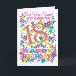 Chic Floral 18e verjaardag voor stiefdochter Kaart<br><div class="desc">Een zeer ,  bloemige 18e Verjaardag Kaart voor een 'Very Special Step Daughter',  met een Snoep Roze en Groen nummer 18 en het woord 'Step Daughter in Snoep Roze',  met clusters van felle bloemetjes en vlinders en 'Happy Birthday' in alle kleuren van de regenboog.</div>