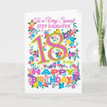 Chic Floral 18th Birthday for Step Daughter Kaart<br><div class="desc">Een zeer ,  florale 18e Birthday-kaart voor een 'zeer speciale stapdochter',  met een Snoep roze en groen nummer 18 en het woord 'step-dochter in Snoep roze',  met clusters van heldere bloemen en vlinders en 'Happy Birthday' in alle kleuren van de regenboog.</div>