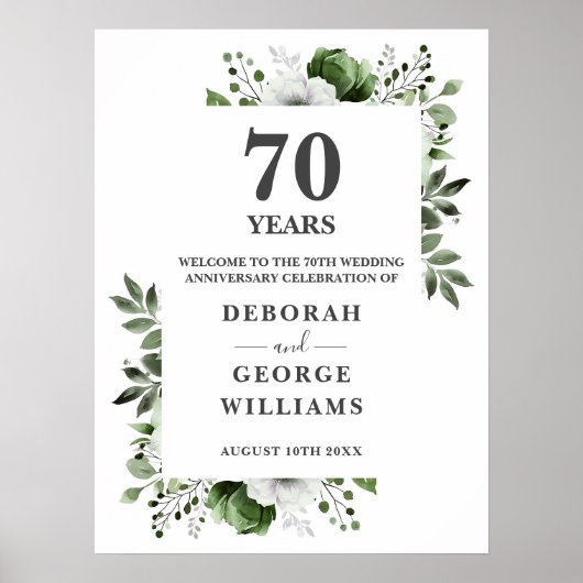 Chic Floral 70th Wedding Jubileum Welkomstbord Poster (Voorkant)