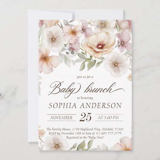 Chic Floral Baby in Bloom Waterverf Baby Brunch Kaart (Voorkant)
