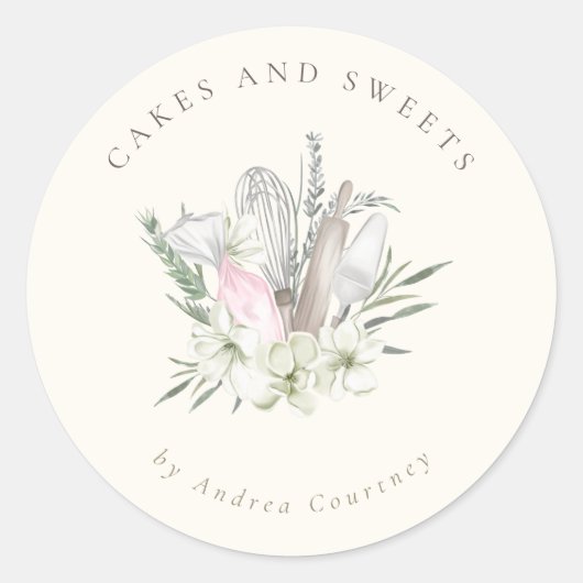Chic Floral Bakery Pastry Chef Baking Utensils Ronde Sticker (Voorkant)