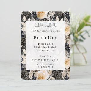 Chic Floral Black Cream Leopard Animal Birthday Kaart
