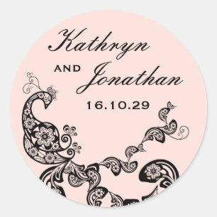  Chic Floral Black Peacock Bohemian Wedding Ronde Sticker