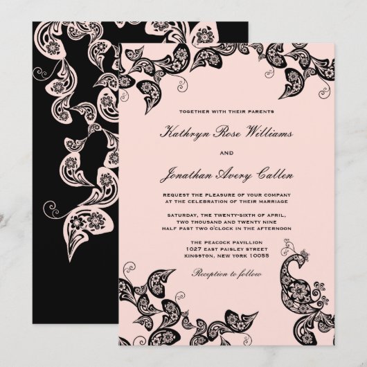  Chic Floral Black Peacock Wedding Invite Kaart (Voorkant / Achterkant)