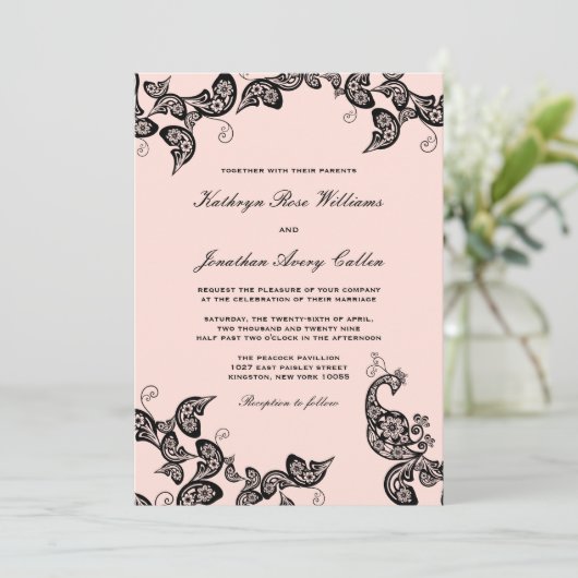 Chic Floral Black Peacock Wedding Invite Kaart (Staand voorkant)