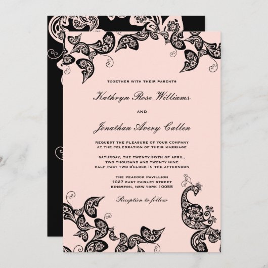  Chic Floral Black Peacock Wedding Invite Kaart (Voorkant / Achterkant)