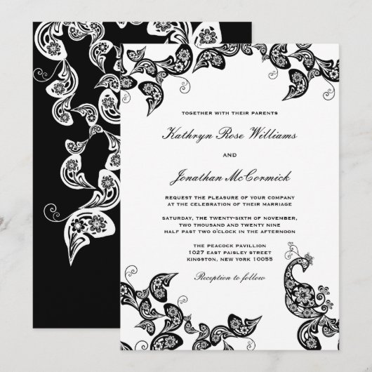  Chic Floral Black Peacock Wedding Invite Kaart (Voorkant / Achterkant)
