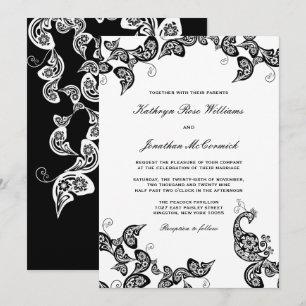 Chic Floral Black Peacock Wedding Invite Kaart