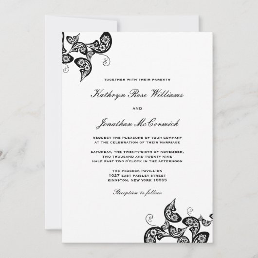 Chic Floral Black Peacock Wedding Invite Kaart (Voorkant)