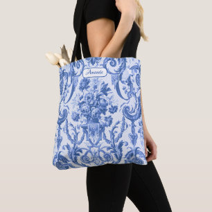 chic floral blauw toile monogram tote bag