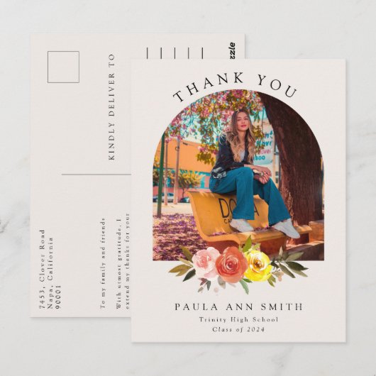 Chic Floral Bloom Arch Foto Afstuderen Dank u Briefkaart (Voorkant / Achterkant)