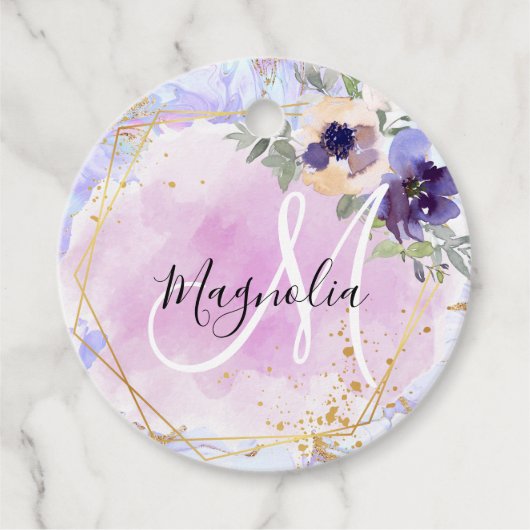 Chic Floral Blue Pink Gold Rainbow Marble Monogram Bedankjes Labels (Voorkant)