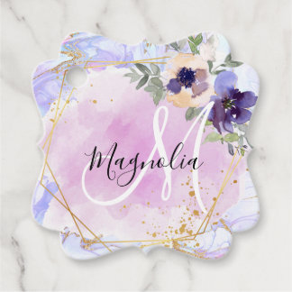 Chic Floral Blue Pink Gold Rainbow Marble Monogram Bedankjes Labels