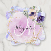 Chic Floral Blue Pink Gold Rainbow Marble Monogram Bedankjes Labels (Voorkant)