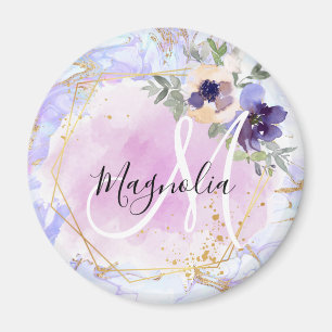 Chic Floral Blue Pink Gold Rainbow Marble Monogram Magneet