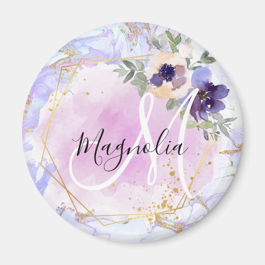 Chic Floral Blue Pink Gold Rainbow Marble Monogram Magneet (Voorkant)