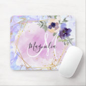 Chic Floral Blue Pink Gold Rainbow Marble Monogram Muismat (Met muis)
