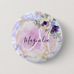 Chic Floral Blue Pink Gold Rainbow Marble Monogram Ronde Button 5,7 Cm