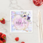 Chic Floral Blue Pink Gold Rainbow Marble Monogram Servet (Insitu)