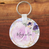 Chic Floral Blue Pink Gold Rainbow Marble Monogram Sleutelhanger (Voorkant)